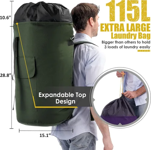 Miniatura 3 de Mochila para lavandería, 115L, resistente, extra grande, bolsa de ropa sucia con correas para el hombro, bolsa de ropa sucia con cierre de cordón