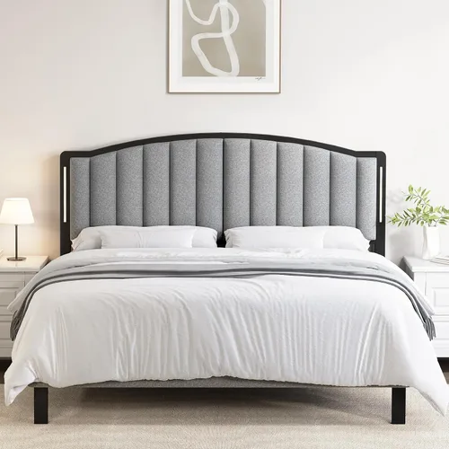 Miniatura 8 de Cabecera para cama tamaño Queen con luces LED, cabecero tapizado de canal vertical acolchonado, cabecera de cama de tela de lino, marco de fijación