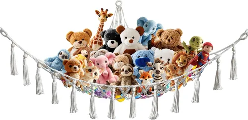 Miniatura 7 de Hamaca esquinera de animales de peluche con ganchos, cama colgante de tela suave para juguetes de peluche, organizador de almacenamiento de Beige