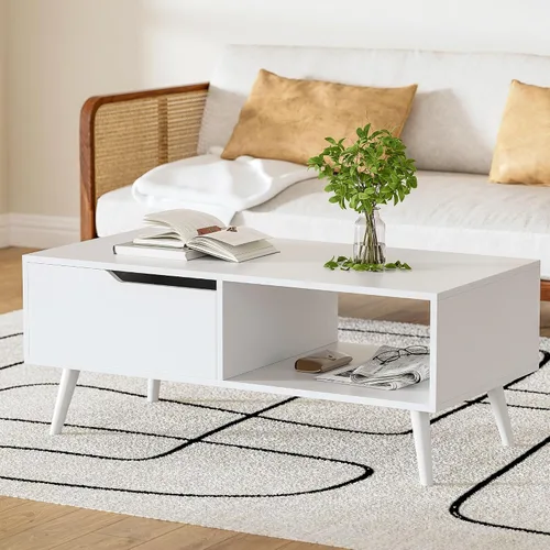 Miniatura 8 de DIYART Mesa de centro marrón, mesa de centro moderna de mediados de siglo con cajón y estante, mesa consola simple de madera de 39 pulgadas
