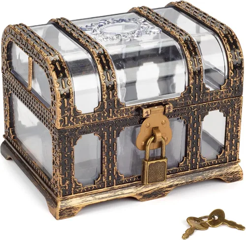 Caja de tesoro pirata antigua transparente de plástico con cerradura y llave, caja de juguetes del tesoro premios para niños, decoración de fiesta