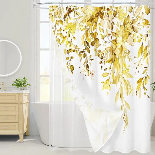 Miniatura 45 de Gibelle - Cortina de ducha de eucalipto marrón, hojas de plantas de acuarela con diseño floral, juego de cortina de ducha con ganchos, 72 x 72