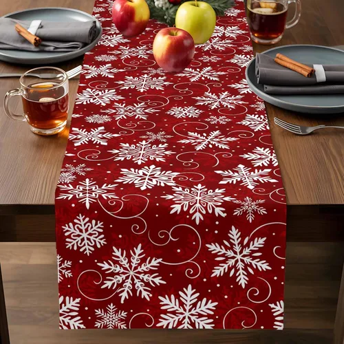 Miniatura 9 de Camino de mesa de copos de nieve rojos de 36 pulgadas de largo para decoración de mesa de comedor, camino de mesa de lino de algodón lavable, camino
