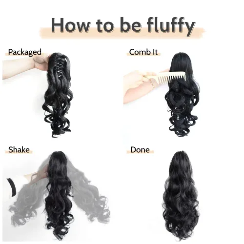 Miniatura 4 de Extensión de cola de caballo de garra negra natural ondulada de 16 pulgadas, extensiones de cabello sintético rizado con clip, extensiones