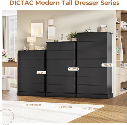 Miniatura 7 de DICTAC Cómoda Alta Negra para Dormitorio con 8 Cajones, Cómodas y Cajoneras Altas de 59.6", Organizador de Armario de Madera Moderno y Gabinete