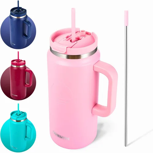 Miniatura 11 de FAHRMOSIS Vaso de 40 onzas con asa y pajita, taza aislada que cabe en el portavasos para bebidas frías y calientes, vaso a prueba de fugas