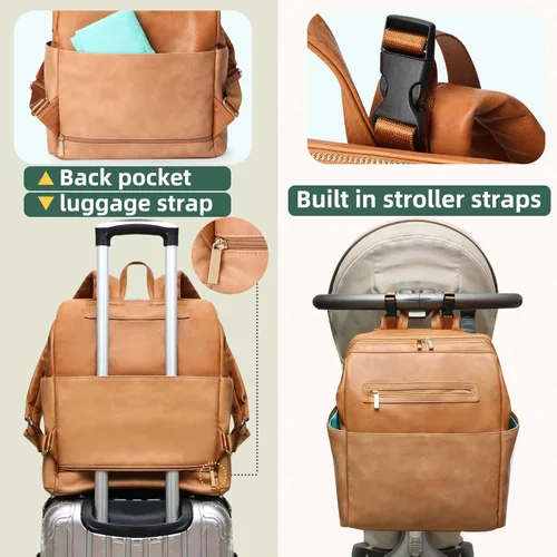Miniatura 5 de MOMINSIDE Mochila para pañales, bolsa de pañales de cuero, bolsa de bebé, bolsa de pañales grande para bebé, bolsa de mamá con 16 bolsillos, bolsa