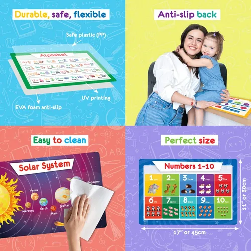 Miniatura 7 de Simply Magic 5 manteles individuales educativos para niños, antideslizantes, lavables y reutilizables, de plástico, para niños, alfabeto, ABC