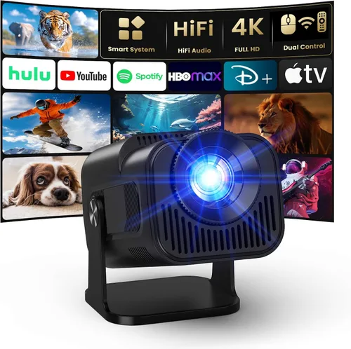 Proyector 4K con WiFi y Bluetooth, mini proyector nativo de 1080P, portátil, enfoque automático y compatible con Keystone con TV Stick/Memory