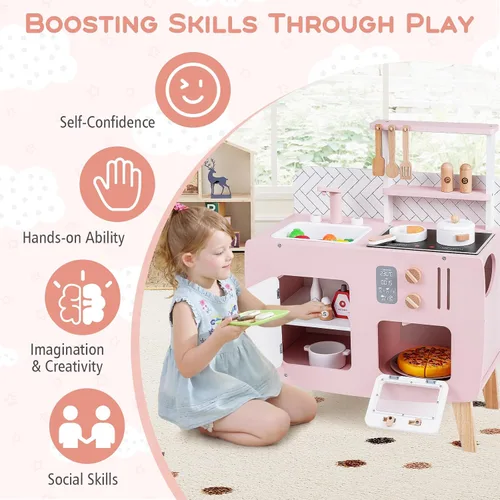 Miniatura 6 de Costzon Juego de cocina para niños, juguete interactivo para niños pequeños con horno, estufa, fregadero, grifo, espacio de almacenamiento
