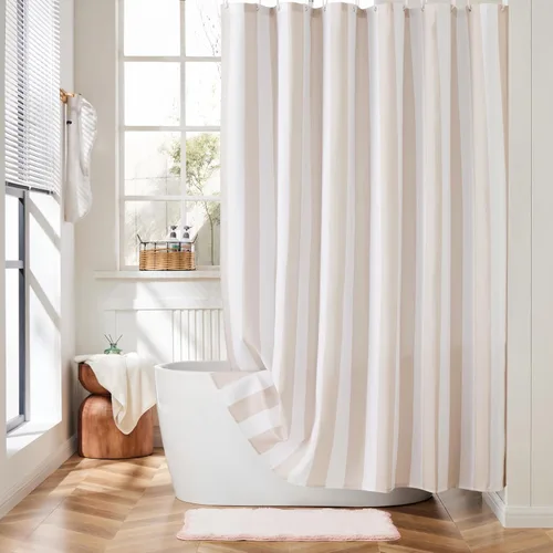 Ohocut Cortina de ducha vertical a rayas, bonita cortina de ducha retro vintage con lazo de rayas, tela de poliéster impermeable, cortina de baño