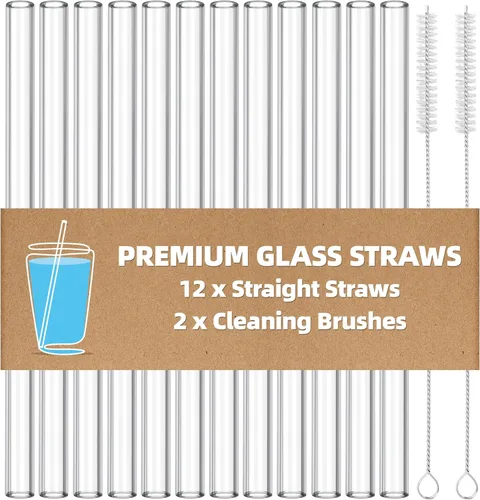 Antner Paquete de 12 popotes de vidrio reutilizables, 8.5 pulgadas x 0.394 in, pajitas de vidrio transparente recto para bebidas calientes y frías,