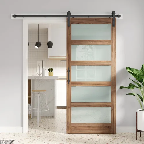 FREDBECK Puerta de granero de vidrio de 36 x 84 pulgadas con kit de herrajes para puerta de granero de 6.6 pies y asa incluida, 5 paneles de vidrio