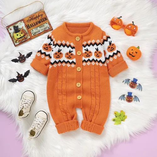 Miniatura 3 de Mameluco de punto de gran tamaño con cuello redondo y botones de manga larga para bebé niño y niña