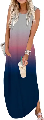 CHUNTIANRAN Maxi Dress for Women Summer Sleeveless Casual Loose Pocket Long Dresses Hawaiian Beach Modern T Shirts Dress