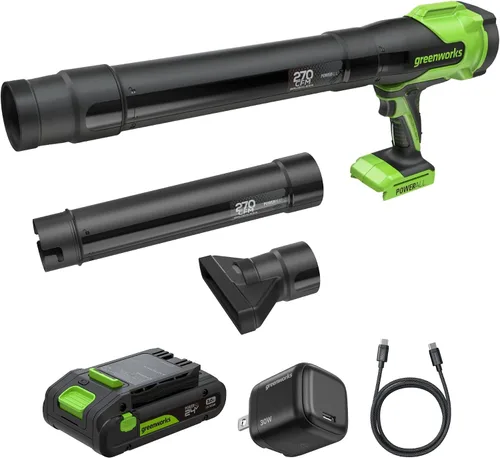 Miniatura 14 de Greenworks Soplador/barredora de hojas de 40 V, 150 MPH / 135 CFM, ligero, silencioso, con batería de 2.0 Ah y cargador, perfecto para el cuidado