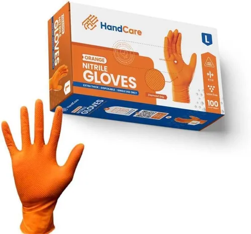 Miniatura 2 de HandCare - Guantes desechables de nitrilo naranja de 8 mil, sin látex, agarre texturizado de diamante para uso mecánico, trabajo y limpieza