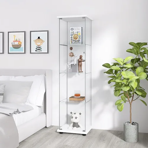 Miniatura 4 de Vitrina de cristal con puerta con 4 estantes, gabinete curio de cristal transparente para colocar en el suelo, vitrina de exhibición para Blanco
