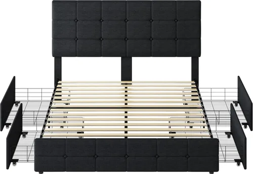 Miniatura 8 de Moderna base de cama tapizada con 4 cajones de almacenamiento, cama de plataforma con cabecera capitonada con botones ajustables, soporte de Negro