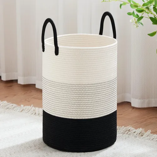 Miniatura 19 de VIPOSCO Cesta de lavandería grande, cesta de almacenamiento de cuerda tejida alta para mantas, juguetes, ropa sucia en la sala de estar, baño, Rayas