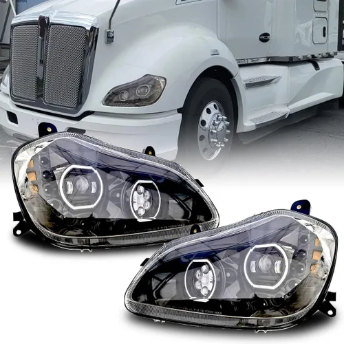 Miniatura 7 de Conjunto de par de faros delanteros LED completos Blackout para camiones semi Kenworth T660 170 T270 T370 T660 T700 2008-2019 DRL Halo Secuencial