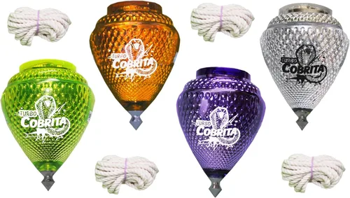 Paquete de 4 Mini Trompos Cobra de Plástico Duradero y Punta de Metal Fabricados en México - Trompo Mexicano COBRITA Plástico Duradero y Punta de