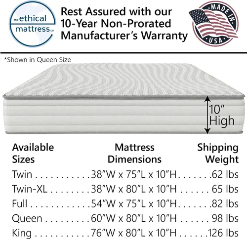 Miniatura 7 de Ethical Mattress CO - Colchón híbrido sin toxinas de 10 pulgadas, fabricado en los Estados Unidos con algodón orgánico, lana, látex y resortes