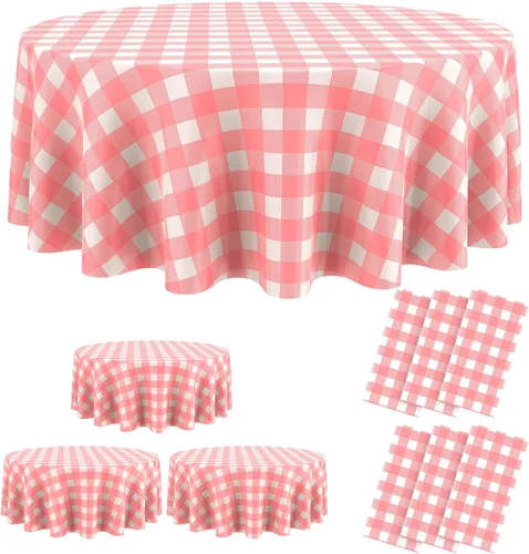 Miniatura 19 de Remagr Mantel Desechable de Cuadros Redondo de Plástico Buffalo Plaid Mantel de Mesa de 84'' Cubierta de Mesa Gingham para Picnic Camping BBQ Fiesta