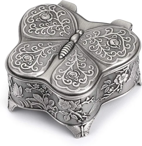 Hipiwe Caja de joyería de metal vintage, organizador de joyas con forma de mariposa, soporte para anillos de cofre del tesoro, caja de