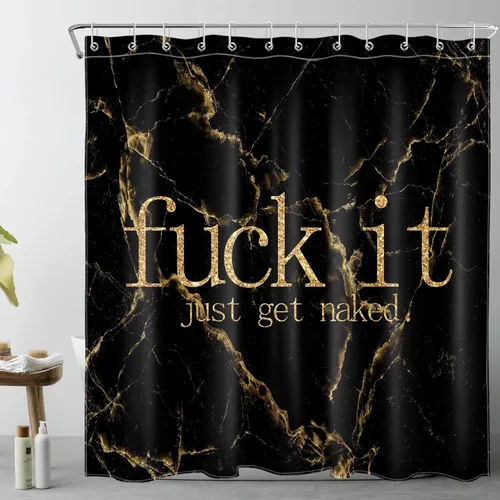 Miniatura 8 de Cortina de ducha de mármol negro y dorado, con citas divertidas Fuck It Get Naked de arte abstracto de mármol para baño, 60 x 72 pulgadas, tela