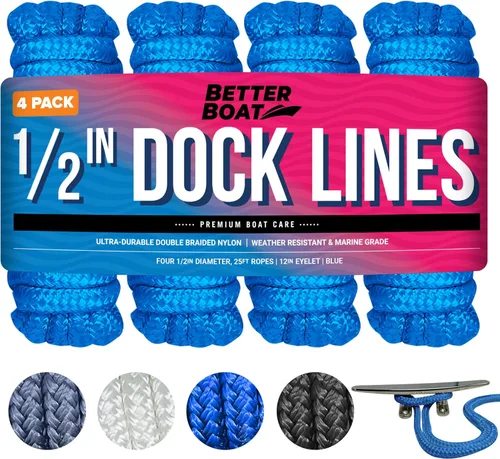 Miniatura 11 de Líneas de muelle para barcos de 1/2 pulgada x 25 pies, paquete de 2 cuerdas de nailon trenzado doble con bucle de 12 pulgadas, línea de amarre