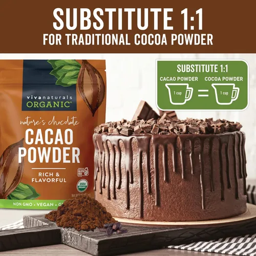 Miniatura 7 de Viva Naturals Cacao en polvo orgánico, 1 libra, cacao en polvo sin azúcar con rico sabor a chocolate negro, perfecto para hornear y batidos, sin