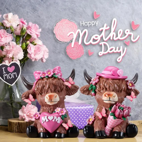Miniatura 6 de Karenhi 2 piezas de figuritas de vaca de las Tierras Altas para el Día de la Madre, figuritas de gnomo de vaca con flores y corazón de MADRE
