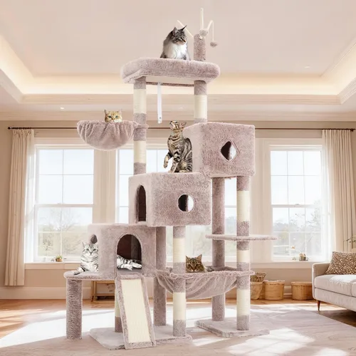 Miniatura 10 de Hey-brother Torre de árbol para gatos, postes rascadores con 3 condominios, canasta grande, cama acogedora, tabla de sisal, camino de escalada paso