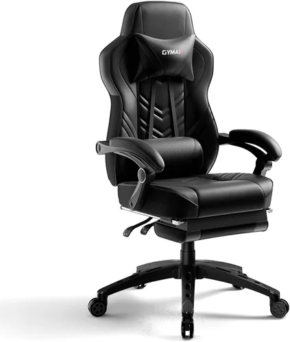 POWERSTONE Silla de videojuegos con reposapiés y soporte lumbar, estilo carreras, piel sintética, ergonómica, ajustable, giratoria, color negro