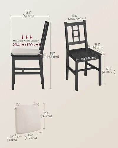 Miniatura 3 de VASAGLE Sillas de comedor de madera, juego de 2, sillas de cocina y comedor, cojín extraíble, respaldo curvo, cada una soporta 264 libras, negro