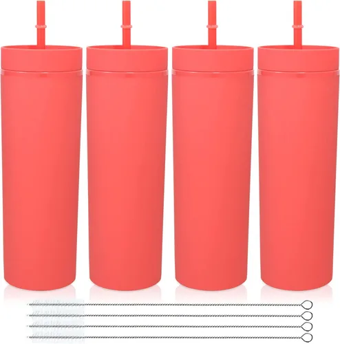 Volhoply Vasos Delgados de Plástico de 20 onzas, Paquete a Granel de 4, Vaso de Doble Pared con Tapa y Popote, Taza Reutilizable de Viaje para Café