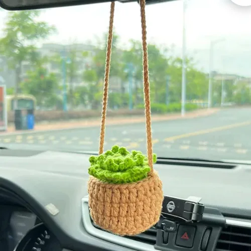 Miniatura 18 de Planta colgante de ganchillo para automóvil, colgador de espejo de automóvil de punto, cesta colgante de ganchillo para plantas de automóvil, lindos