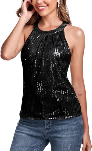 Miniatura 3 de Fenyong Camiseta sin mangas con cuello halter de lentejuelas para mujer, elegante, brillante, para fiesta, club, concierto, cóctel, camisola