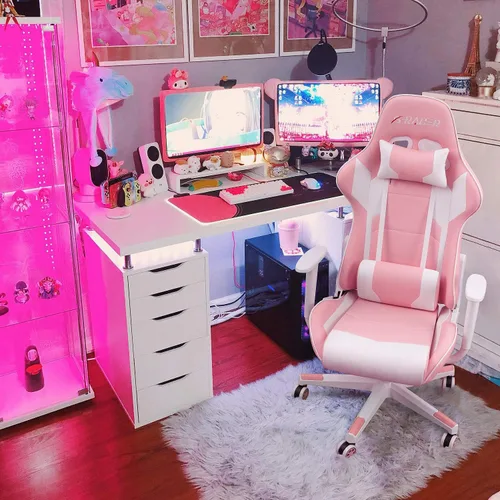 Miniatura 2 de Homall - Silla ejecutiva con respaldo alto, de piel sintética, ergonómica, ajustable y giratoria con soporte lumbar y reposacabezas para juego, Rosa