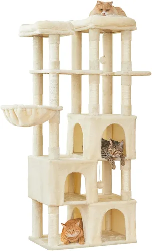 MWPO Árbol grande para gatos de interior, torre de gatos de 63 pulgadas con 3 condominios para gatos, postes rascadores, pedestales acolchados, Beige