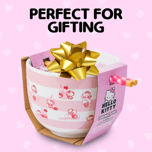 Miniatura 7 de Silver Buffalo Sanrio Hello Kitty Tazón de Cerámica para Fideos Ramen y Arroz con Patrón de Leche de Fresa, con Palillos, Apto para Microondas, 20