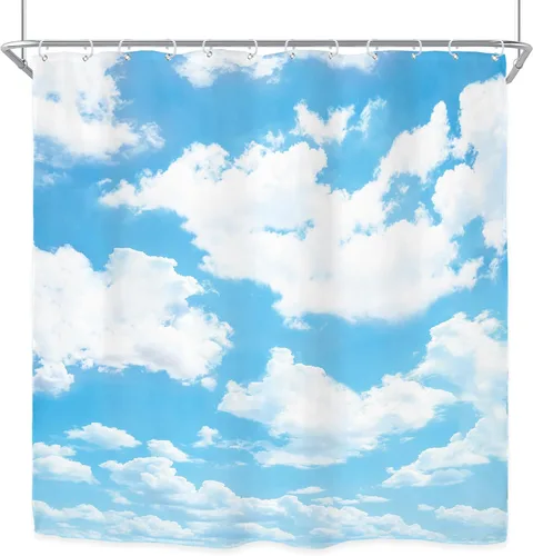 Miniatura 8 de Riyidecor Cortina de ducha con diseño de nube blanca y cielo azul, paisaje natural, tela impermeable de 72 x 72 pulgadas, decoración de bañera