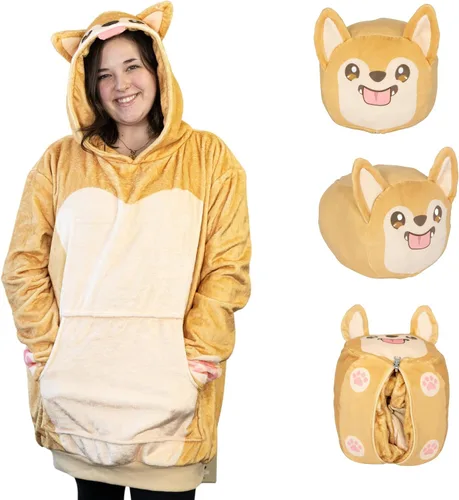 Miniatura 13 de Plushible Manta con Capucha Portátil, Sudadera con Capucha de Gran Tamaño de 2 en 1, Bolsillo de Manga Larga, Regalo Acogedor para las Fiestas, Palta