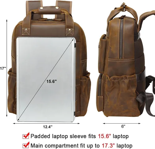 Miniatura 5 de TIDING - Mochila para portátil de cuero de grano completo de 15.6 pulgadas para hombre, mochila grande casual para viaje, estilo vintage, para fin