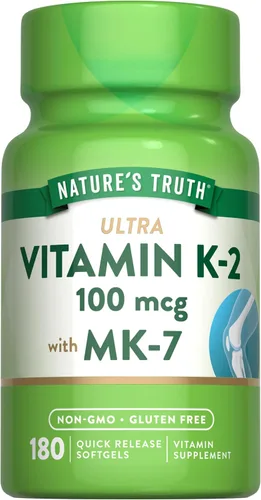 Nature's Truth Vitamina K2 MK-7 | 100 mcg | 180 cápsulas blandas | Suplemento sin OMG y sin gluten