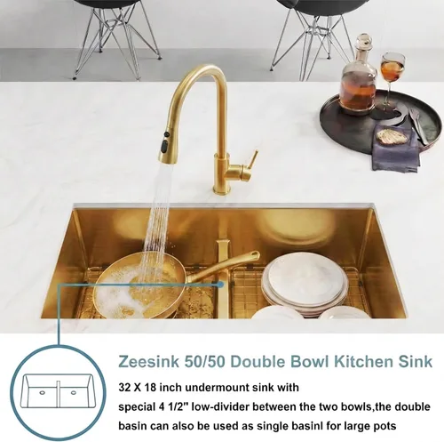 Miniatura 4 de Fregadero de Cocina Dorado Bajo Encimera 32 X 18 Pulgadas, Fregaderos de Cocina de Doble Tazón, Fregadero Bajo Encimera de Acero Inoxidable Calibre