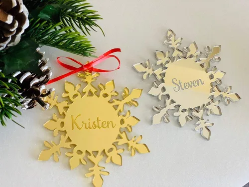 Miniatura 7 de Adornos para árbol de Navidad, copos de nieve acrílicos espejados personalizados, adornos de nombre colgantes, regalo de recuerdo de cristal hecho a
