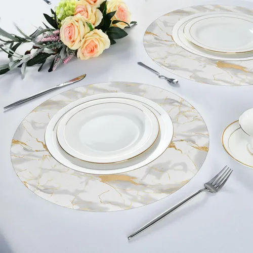 Miniatura 4 de Round Placemats Set of 1, White Marble Print Gold Texture Heat Resistant Washable Place Mats Table Mat for Kitchen Dining Party