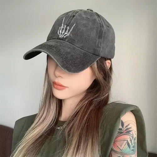 Miniatura 4 de Sombrero de mano unisex con esqueleto de calavera, bordado de huesos de Halloween, ajustable, de algodón lavado, gorra de béisbol de mezclilla